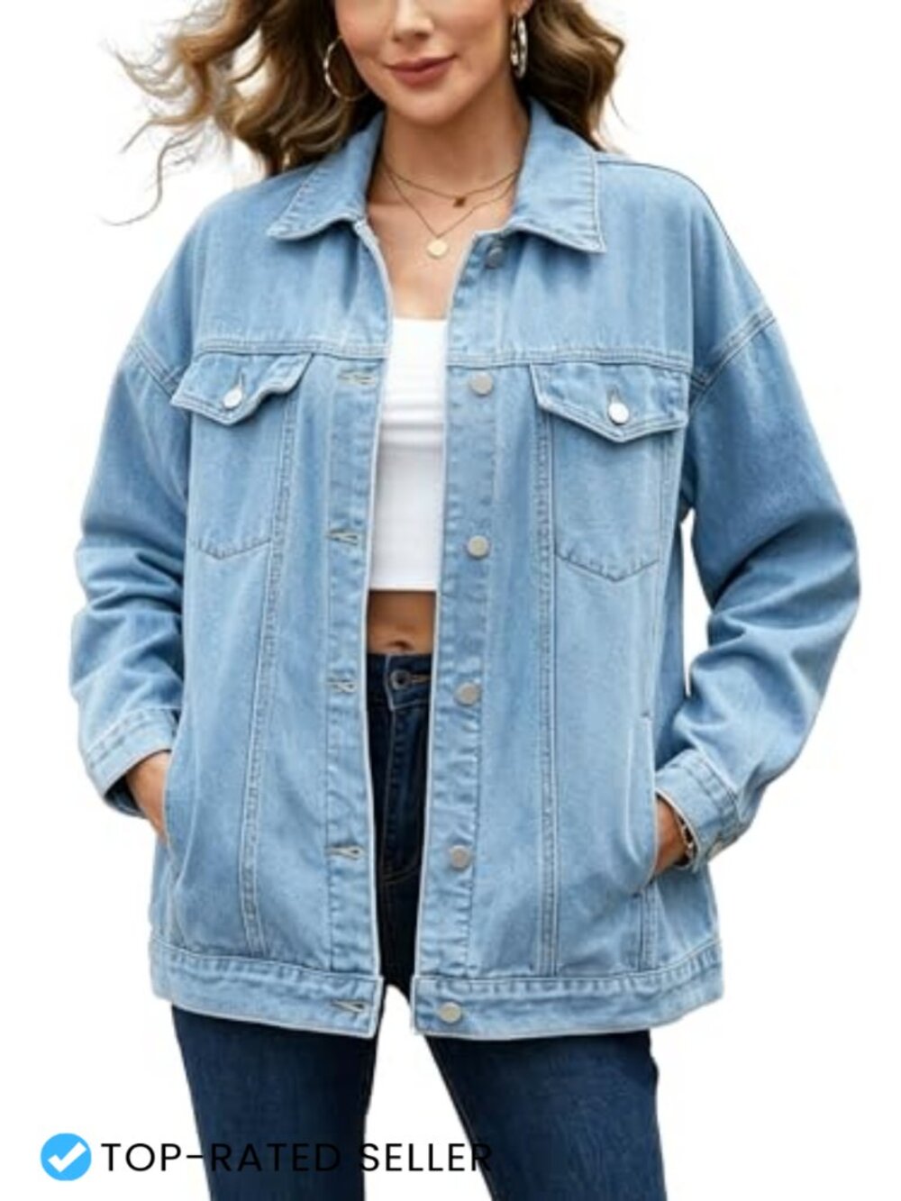 Oversized Denim Jacket Women's Boyfriend Fit Button Down Long Sleeve Casual